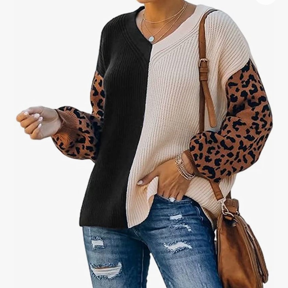 Color Block Sweater Leopard Print M - image 1
